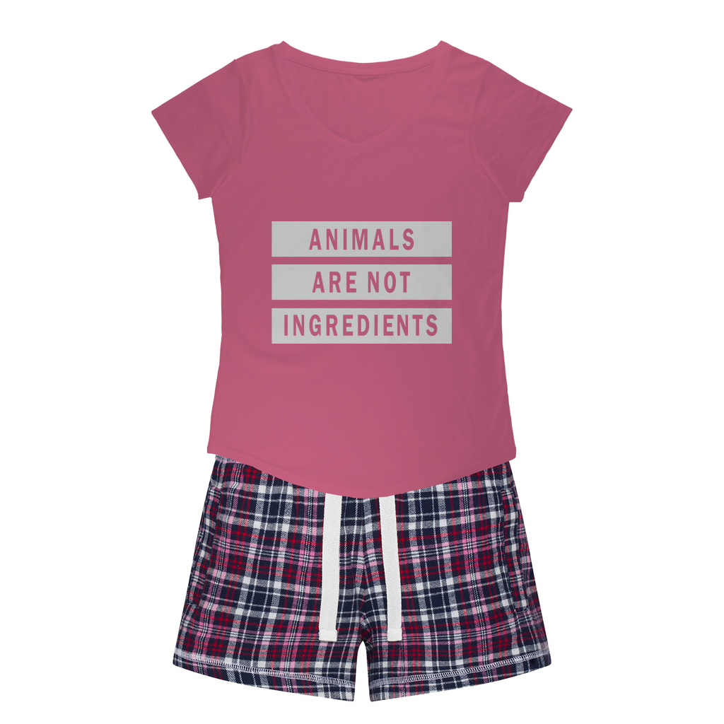 "Animals Are Not Ingredients" Sleepy Tee and Flannel Short Set - Veganious