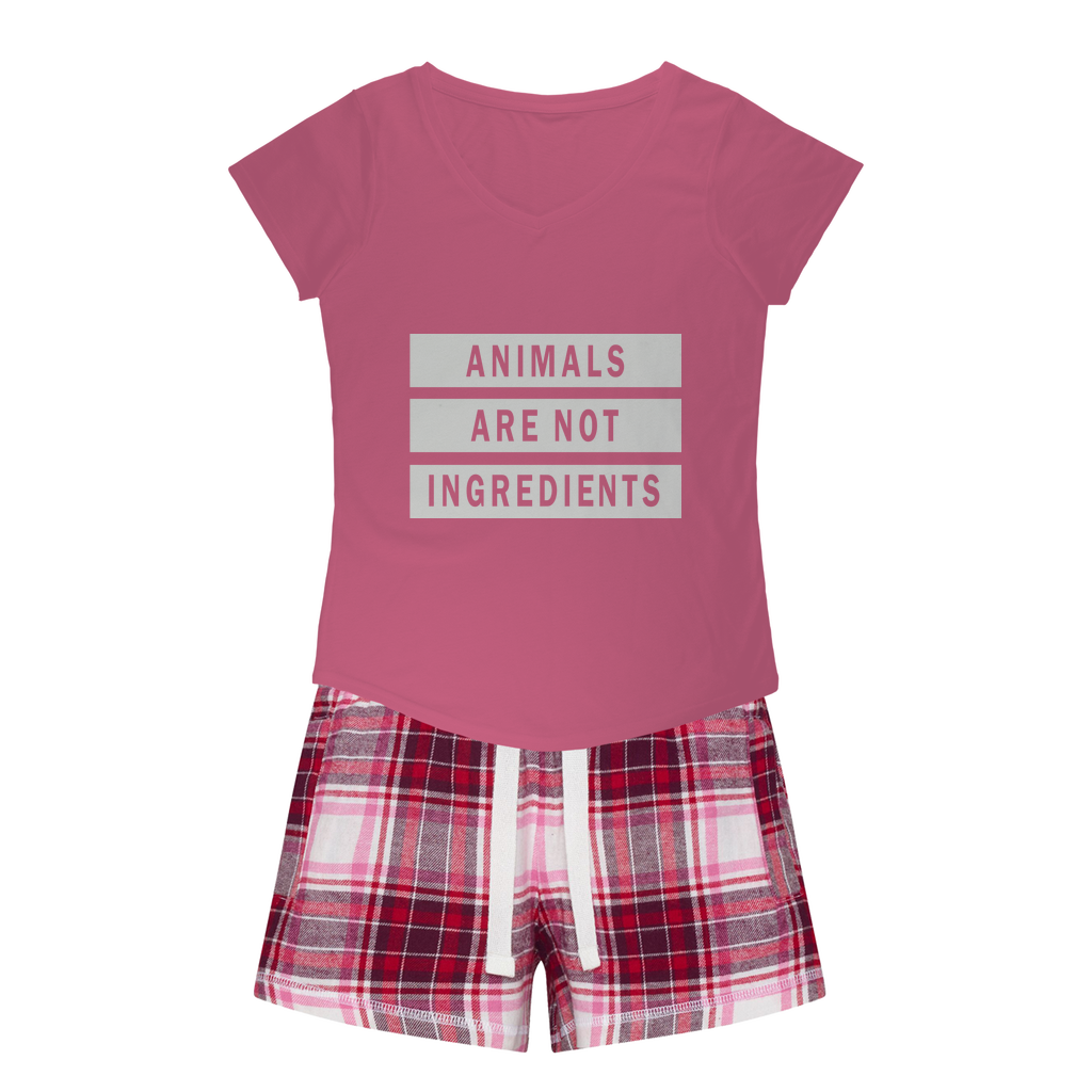 "Animals Are Not Ingredients" Sleepy Tee and Flannel Short Set - Veganious